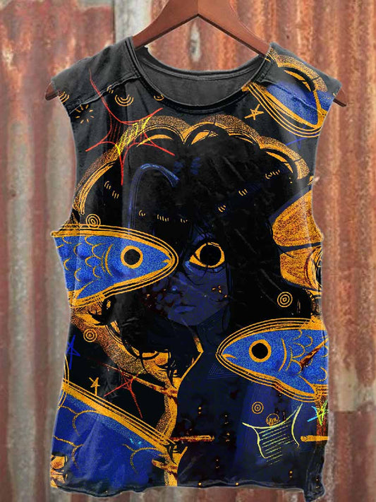 Retro Graffiti Print Casual Cotton Tank Top