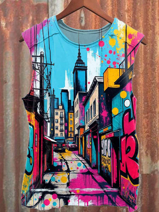 Retro Graffiti Print Casual Cotton Tank Top