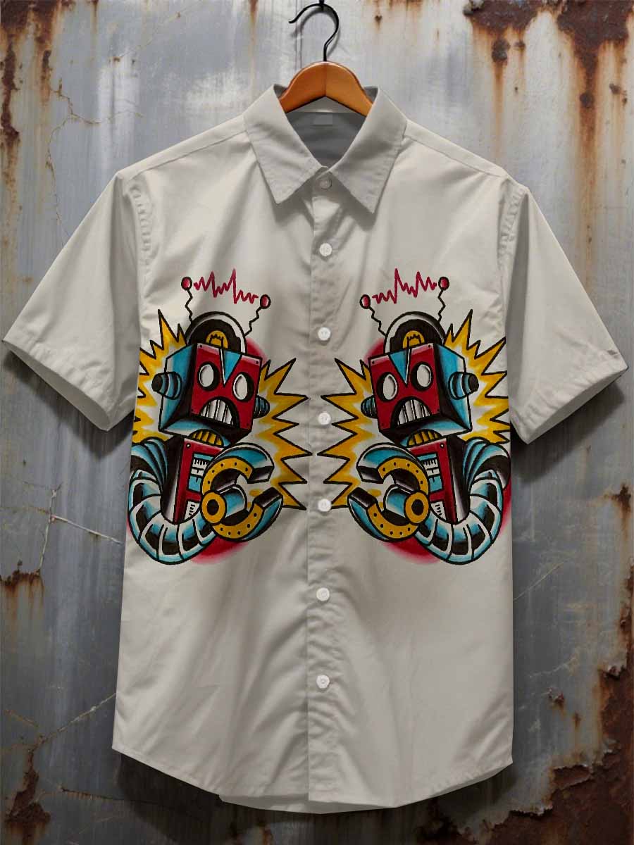 Men's Graffiti Robot Print Casual Cotton Shirt