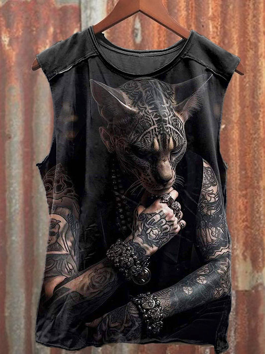 Men's Casual Tattoo Cat Printed Tank Top