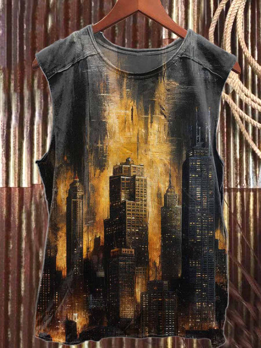 Retro Urban Style Printed Loose Cotton Tank Top