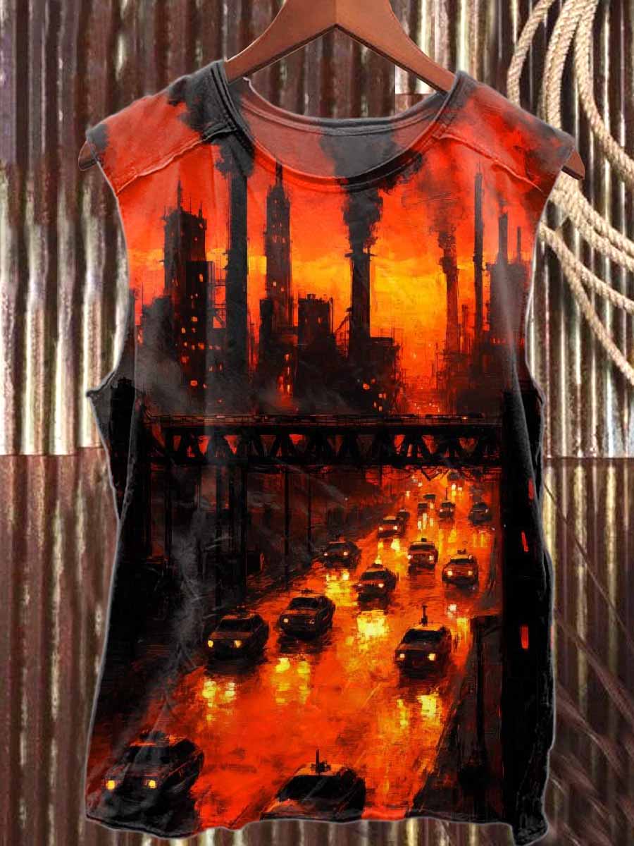 Retro Urban Style Printed Loose Cotton Tank Top