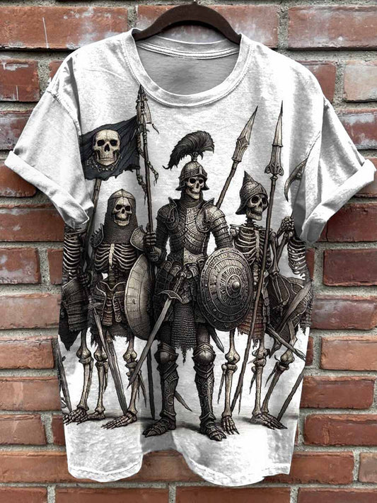 Retro Skeleton Knight Print Casual T-shirt