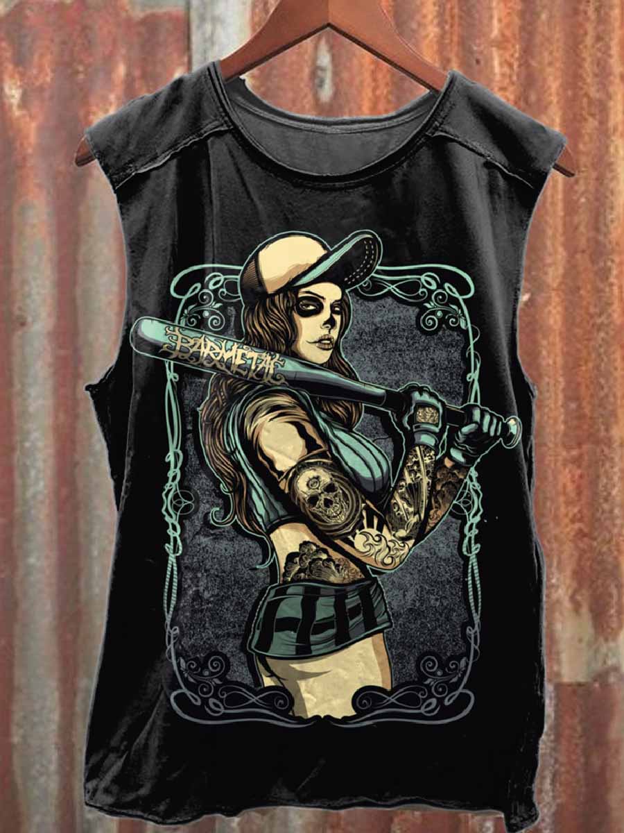 Vintage Baseball Print Casual Cotton Tank Top
