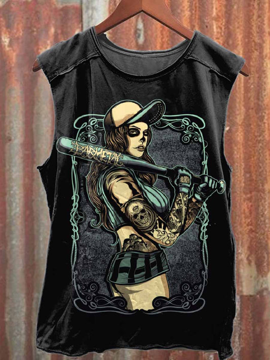 Vintage Baseball Print Casual Cotton Tank Top