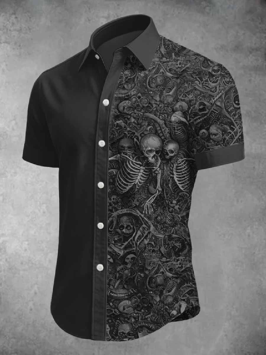 Men's Retro Skull Print Lapel Short Sleeve Shirt