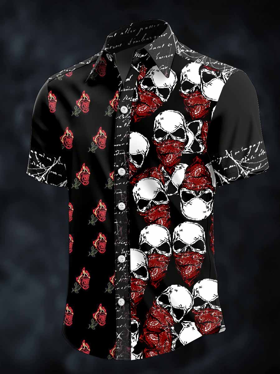 Men's Retro Skull Print Lapel Short Sleeve Shirt
