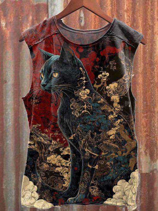 Vintage Folk Black Cat Print Casual Cotton Tank Top
