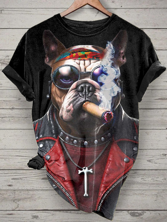 Unisex Smoking Dog Printed Vintage Fashion Loose Short Sleeve T-Shirt
