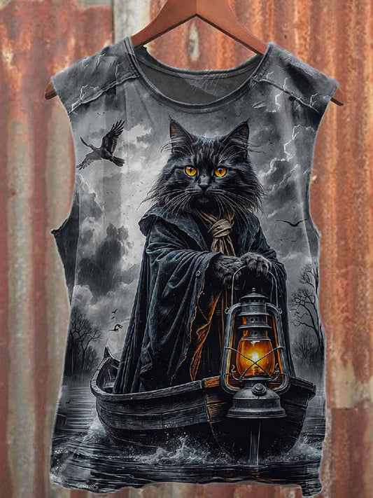 Vintage Folk Black Cat Print Casual Cotton Tank Top