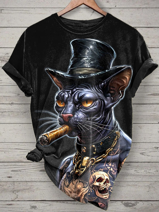 Unisex Smoking Cat Printed Vintage Fashion Loose Short Sleeve T-Shirt
