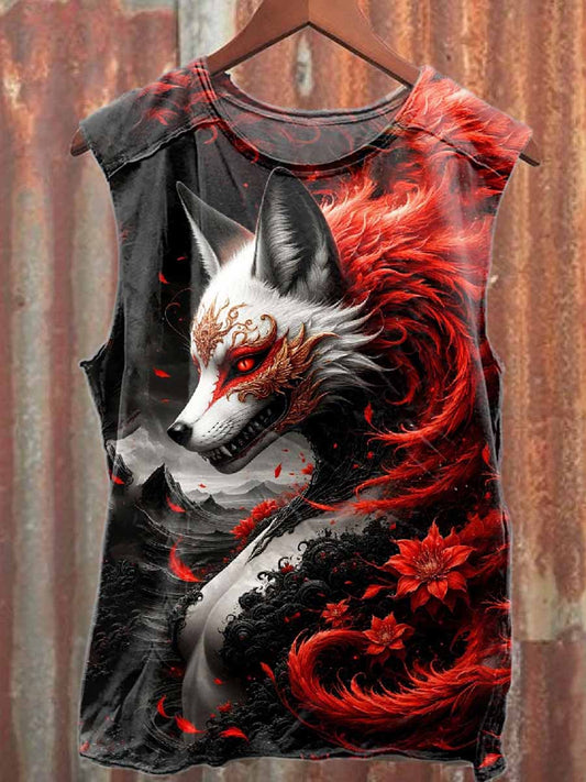 Vintage Fox Print Casual Cotton Tank Top