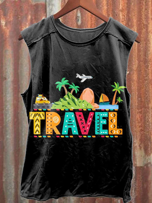 Vintage Beach Vacation Print Casual Cotton Tank Top