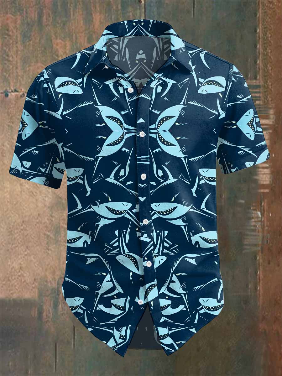Men's Retro Shark Print Casual Graphic Shirt