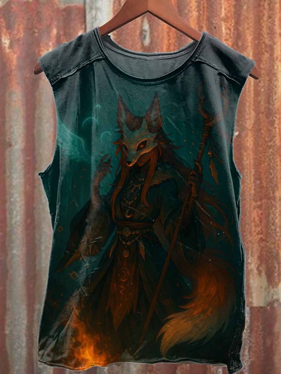 Vintage Fox Print Casual Cotton Tank Top