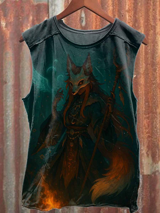 Vintage Fox Print Casual Cotton Tank Top