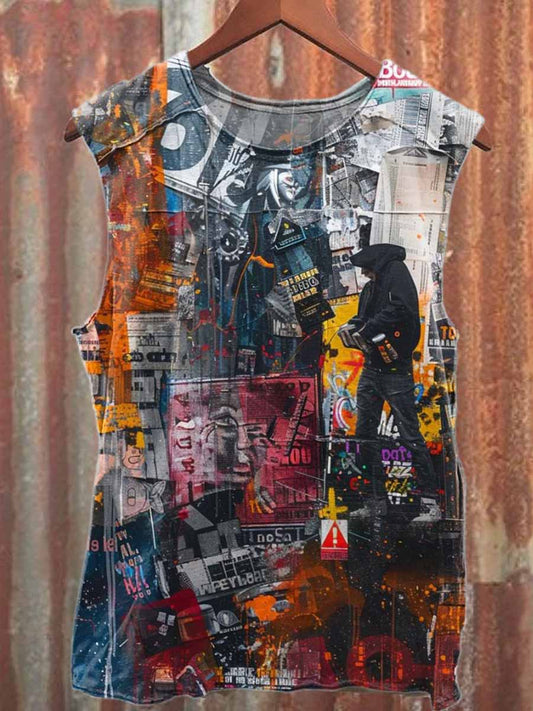 Retro Graffiti Print Casual Cotton Tank Top