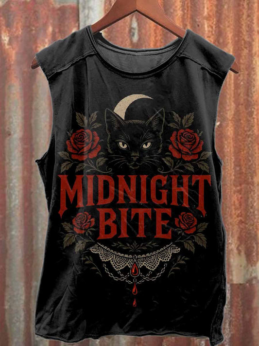 Vintage Dark Midnight Cat Print Casual Cotton Tank Top