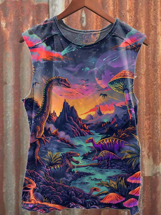 Retro Graffiti Dinosaur Print Casual Loose Tank Top