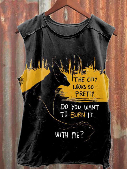 Retro Graffiti Print Loose Casual Tank Top
