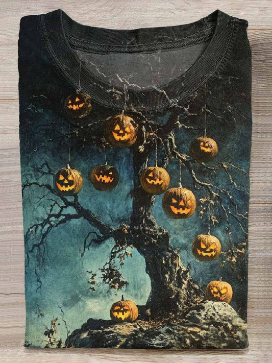 Retro Pumpkin Tree Graffiti Print Casual Loose T-shirt