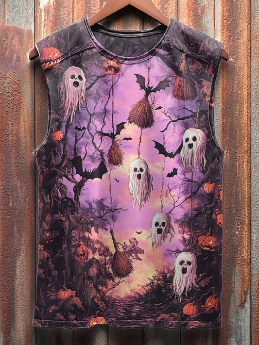 Vintage Halloween Graffiti Print Casual Cotton Tank Top