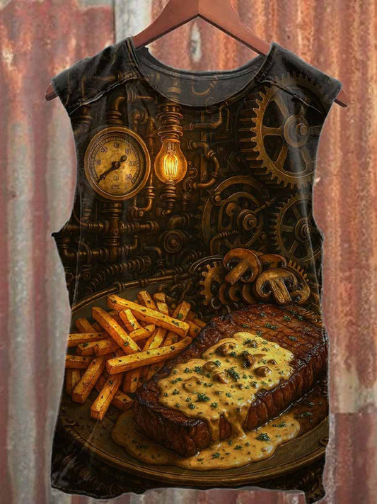 Retro Steam World Printed Casual Cotton Tank Top