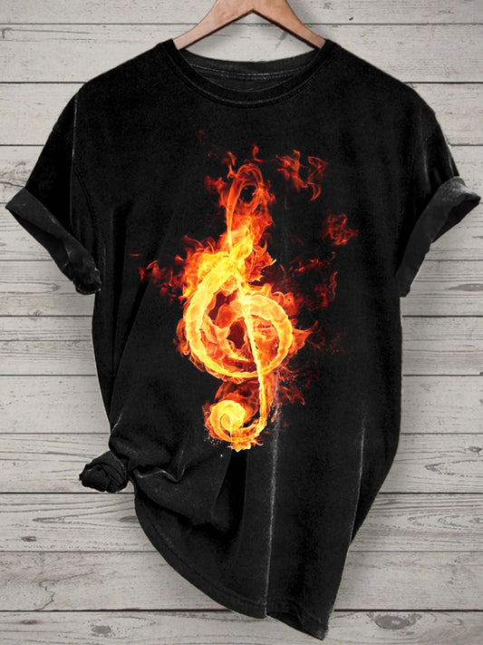 Unisex Flame Music Note Printed Vintage Fashion Loose Short Sleeve T-Shirt