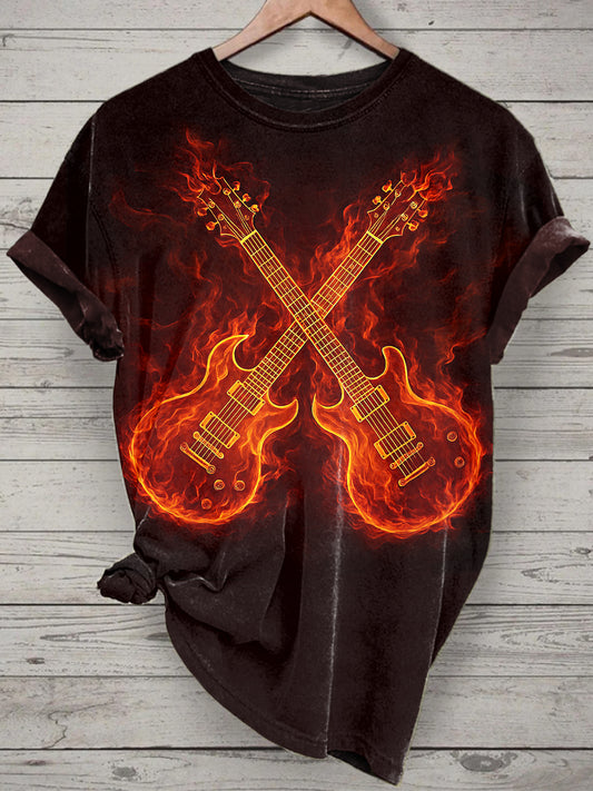 Unisex Flame Music Guitar Printed Vintage Fashion Loose Short Sleeve T-Shirt