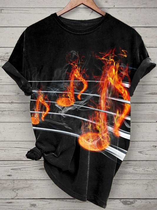 Unisex Flame Music Note Printed Vintage Fashion Loose Short Sleeve T-Shirt