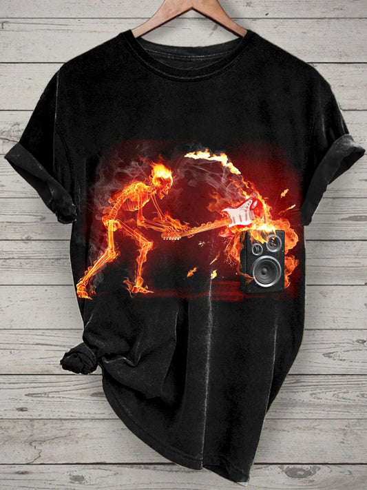 Unisex Flame Music Skull Printed Vintage Fashion Loose Short Sleeve T-Shirt