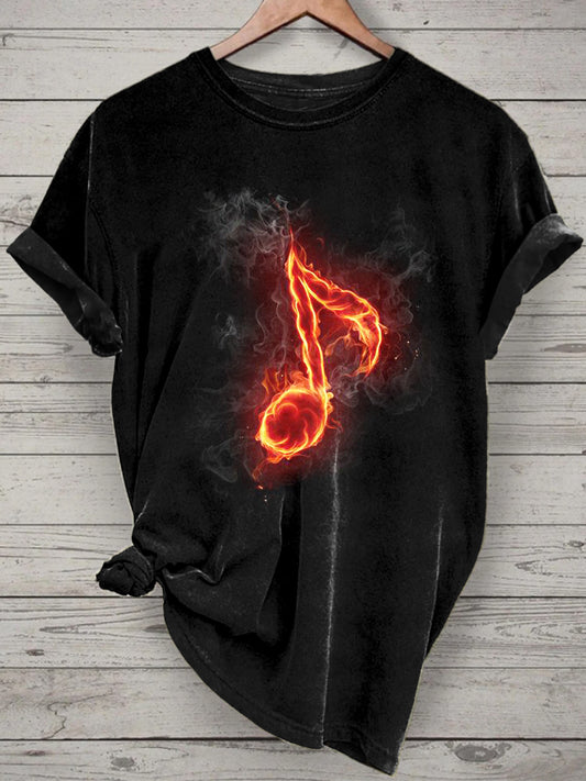 Unisex Flame Music Note Printed Vintage Fashion Loose Short Sleeve T-Shirt