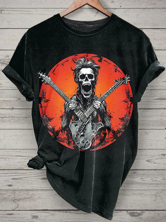 Unisex Punk Music Skull Printed Vintage Fashion Loose Short Sleeve T-Shirt