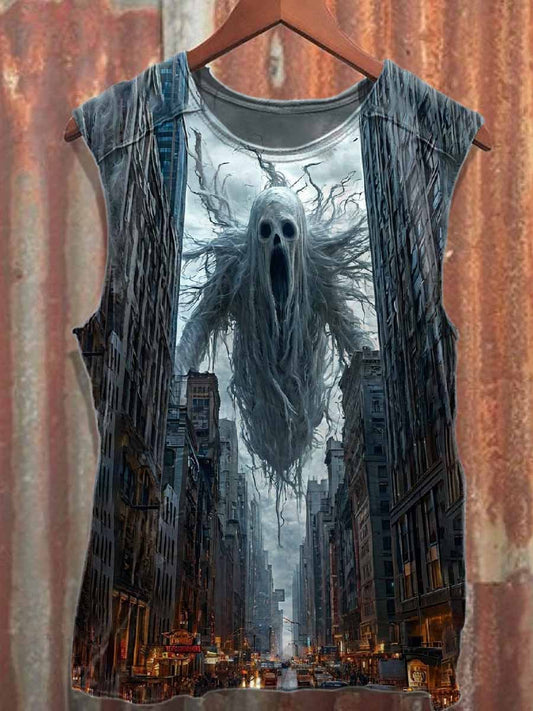 Vintage Dark Ghost Print Cotton Loose Tank Top
