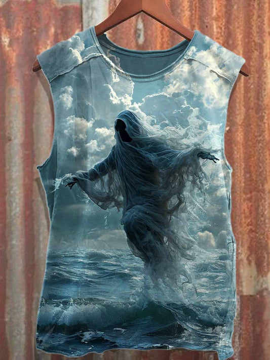 Vintage Dark Ghost Print Cotton Loose Tank Top