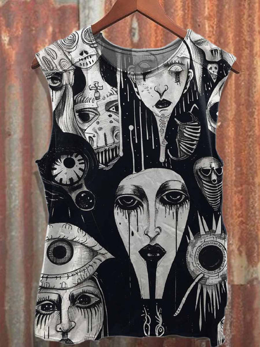 Vintage Dark Graffiti Print Cotton Loose Tank Top