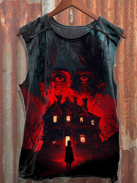 Retro Dark Haunted House Graffiti Print Cotton Loose Tank Top