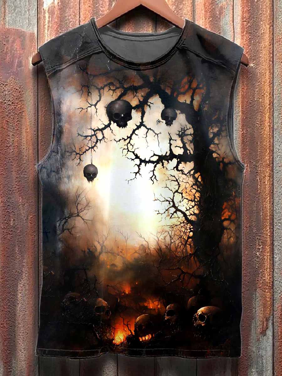 Vintage Dark Graffiti Print Cotton Loose Tank Top