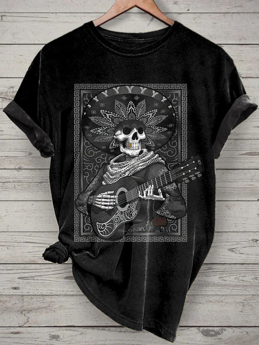 Unisex Music Skull Printed Vintage Fashion Loose Short Sleeve T-Shirt