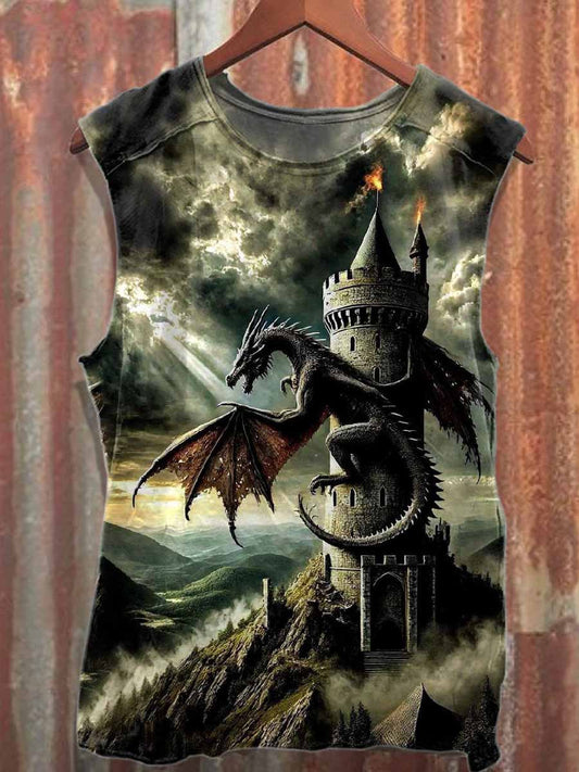 Retro Folk Legend Dragon Print Pure Cotton Loose Tank Top