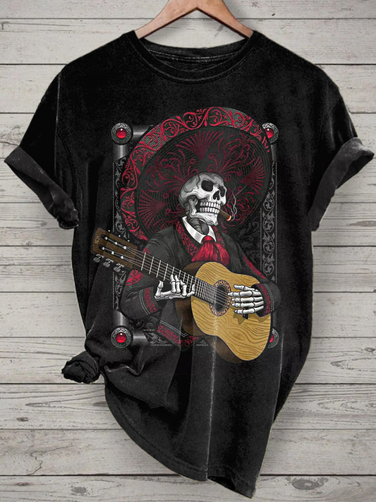 Unisex Music Skull Printed Vintage Fashion Loose Short Sleeve T-Shirt