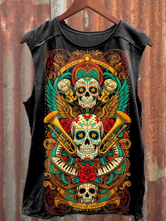 Men's Casual Day Of The Dead Skull Printed Tank Top