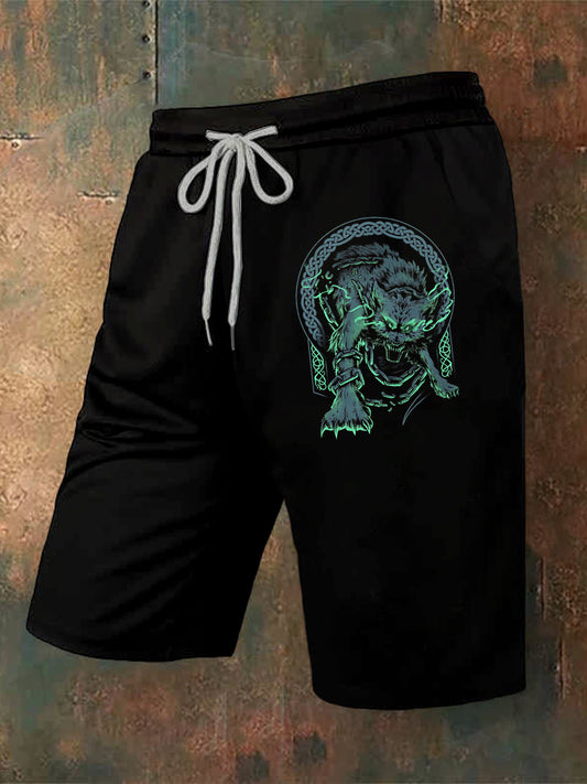 Men's Viking Wolf Printed Drawstring Shorts