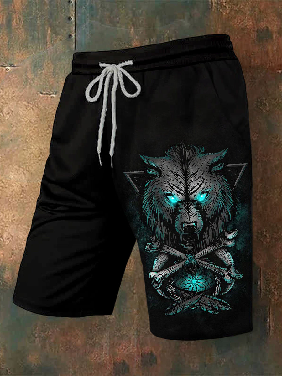 Men's Viking Wolf Printed Drawstring Shorts