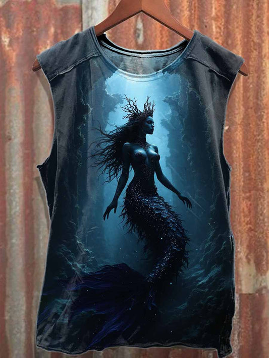 Vintage Mermaid Graffiti Print Cotton Tank Top