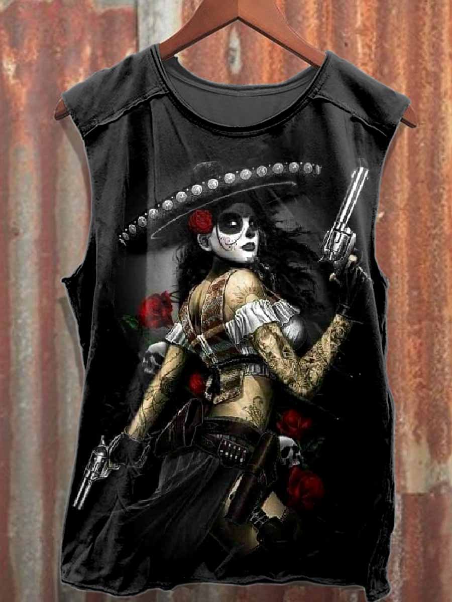 Retro Undead Skull Art Print Casual Loose Tank Top