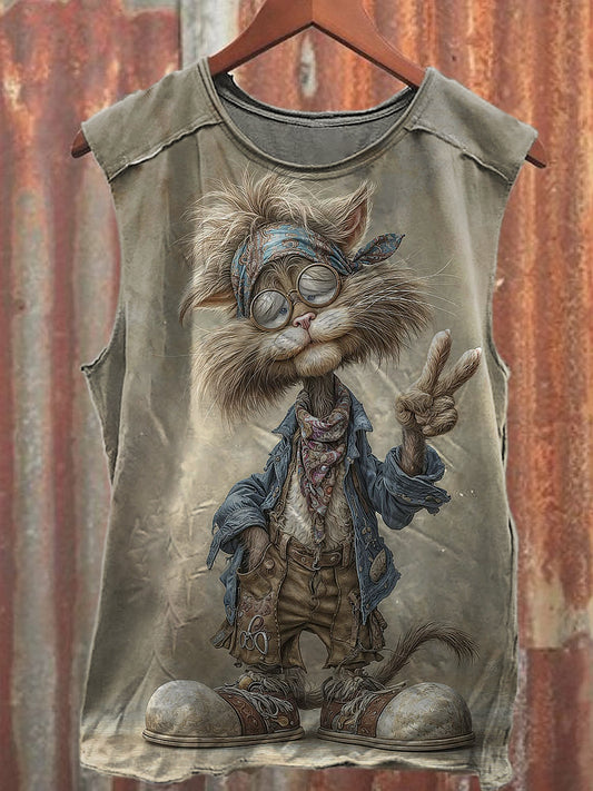 Men's Casual Funny Cat Printed Tank Top