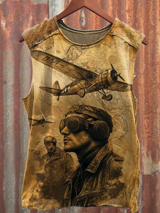 Men's Casual Retro Airplane Printed Tank Top