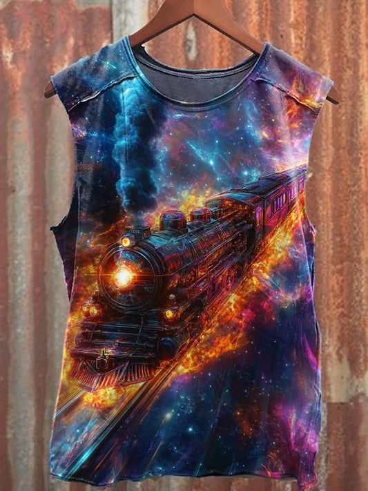 Men's Casual Colorful Time And Space Train Printed Tank Top