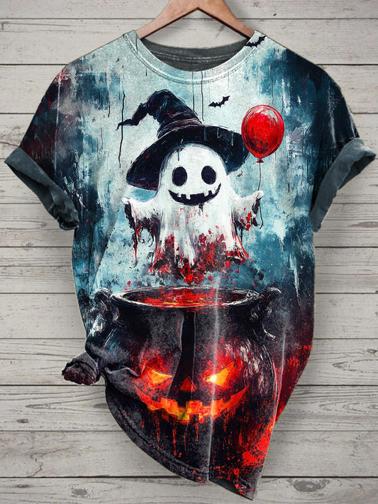 Unisex Halloween Cute Ghost Printed Vintage Fashion Loose Short Sleeve T-Shirt